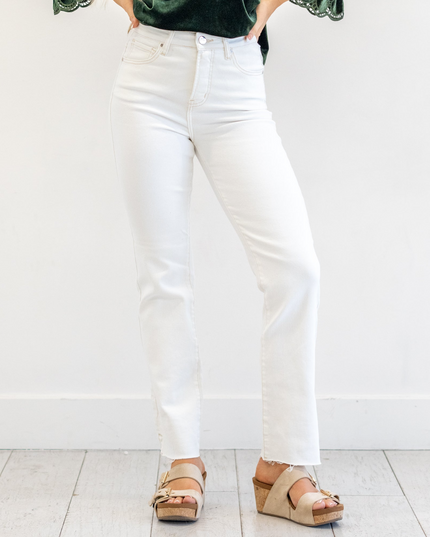 Spring in Step Tummy Control Top High Rise Raw Hem Straight Leg Regular & Plus Sizes - Sleekdenim.com