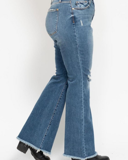 Judy Blue Mid Rise Button Fly Destroyed Fray Hem Flare Denim Jeans 82638 - Sleekdenim.com