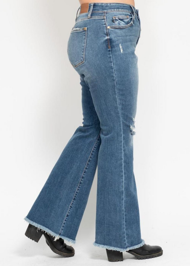 Judy Blue Mid Rise Button Fly Destroyed Fray Hem Flare Denim Jeans 82638 - Sleekdenim.com