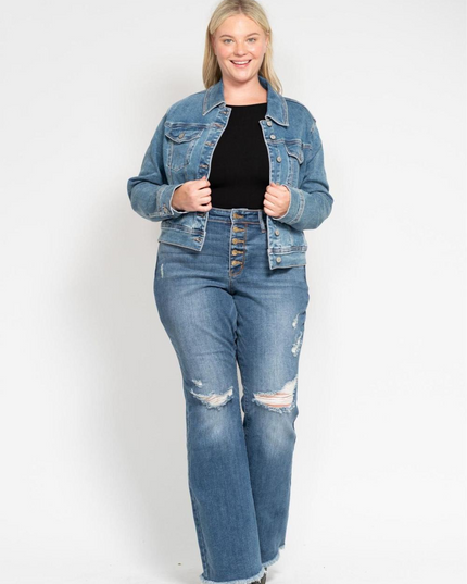 Judy Blue Mid Rise Button Fly Destroyed Fray Hem Flare Denim Jeans 82638 - Sleekdenim.com