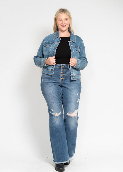 Judy Blue Mid Rise Button Fly Destroyed Fray Hem Flare Denim Jeans 82638 - Sleekdenim.com