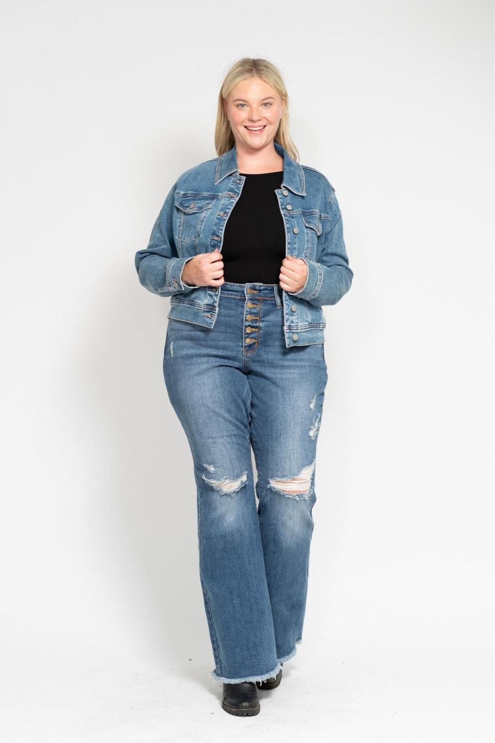 Judy Blue Mid Rise Button Fly Destroyed Fray Hem Flare Denim Jeans 82638 - Sleekdenim.com