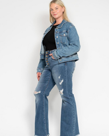 Judy Blue Mid Rise Button Fly Destroyed Fray Hem Flare Denim Jeans 82638 - Sleekdenim.com