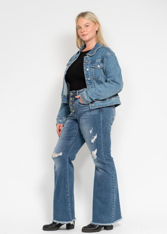 Judy Blue Mid Rise Button Fly Destroyed Fray Hem Flare Denim Jeans 82638 - Sleekdenim.com