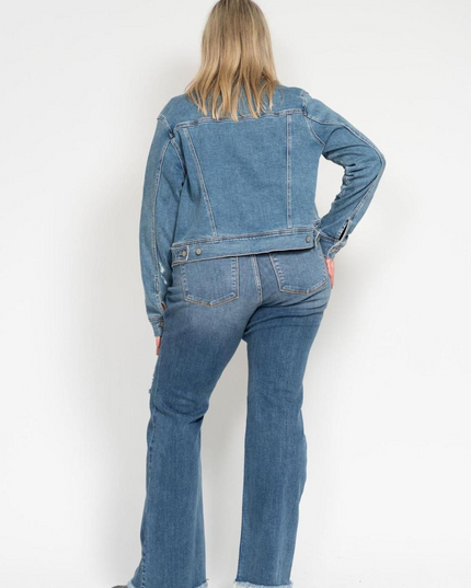 Judy Blue Mid Rise Button Fly Destroyed Fray Hem Flare Denim Jeans 82638 - Sleekdenim.com