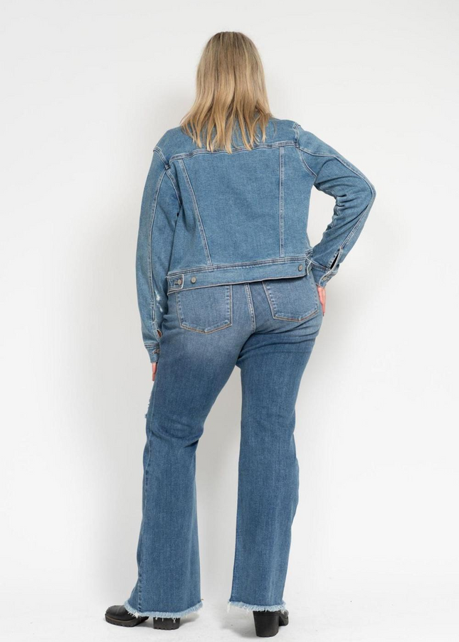 Judy Blue Mid Rise Button Fly Destroyed Fray Hem Flare Denim Jeans 82638 - Sleekdenim.com