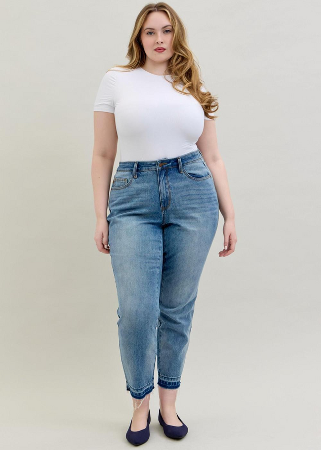 Judy Blue Mid Rise Rigid Magic Release Hem Boyfriend Denim Jeans 88818