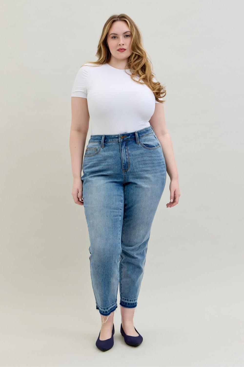 Judy Blue Mid Rise Rigid Magic Release Hem Boyfriend Denim Jeans 88818