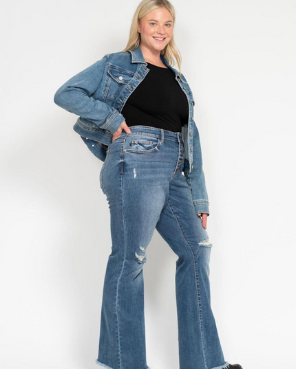 Judy Blue Mid Rise Button Fly Destroyed Fray Hem Flare Denim Jeans 82638 - Sleekdenim.com