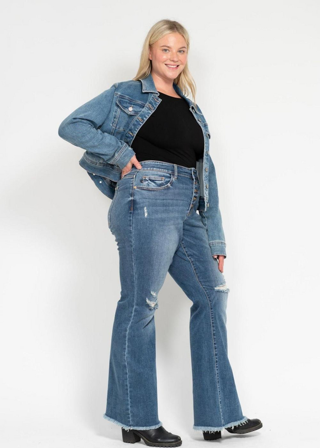 Judy Blue Mid Rise Button Fly Destroyed Fray Hem Flare Denim Jeans 82638 - Sleekdenim.com