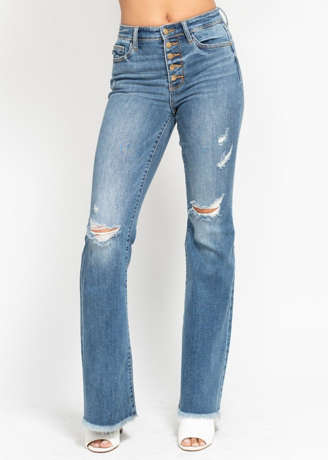Judy Blue Mid Rise Button Fly Destroyed Fray Hem Flare Denim Jeans 82638 - Sleekdenim.com