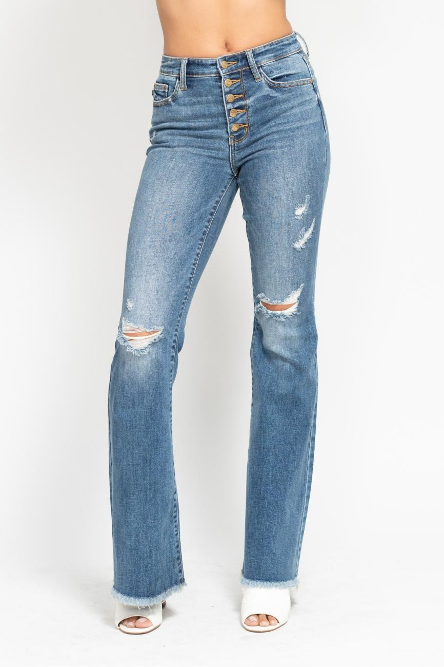 Judy Blue Mid Rise Button Fly Destroyed Fray Hem Flare Denim Jeans 82638 - Sleekdenim.com