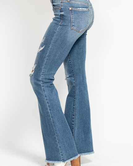 Judy Blue Mid Rise Button Fly Destroyed Fray Hem Flare Denim Jeans 82638 - Sleekdenim.com