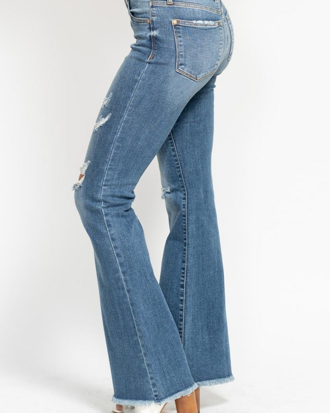 Judy Blue Mid Rise Button Fly Destroyed Fray Hem Flare Denim Jeans 82638 - Sleekdenim.com