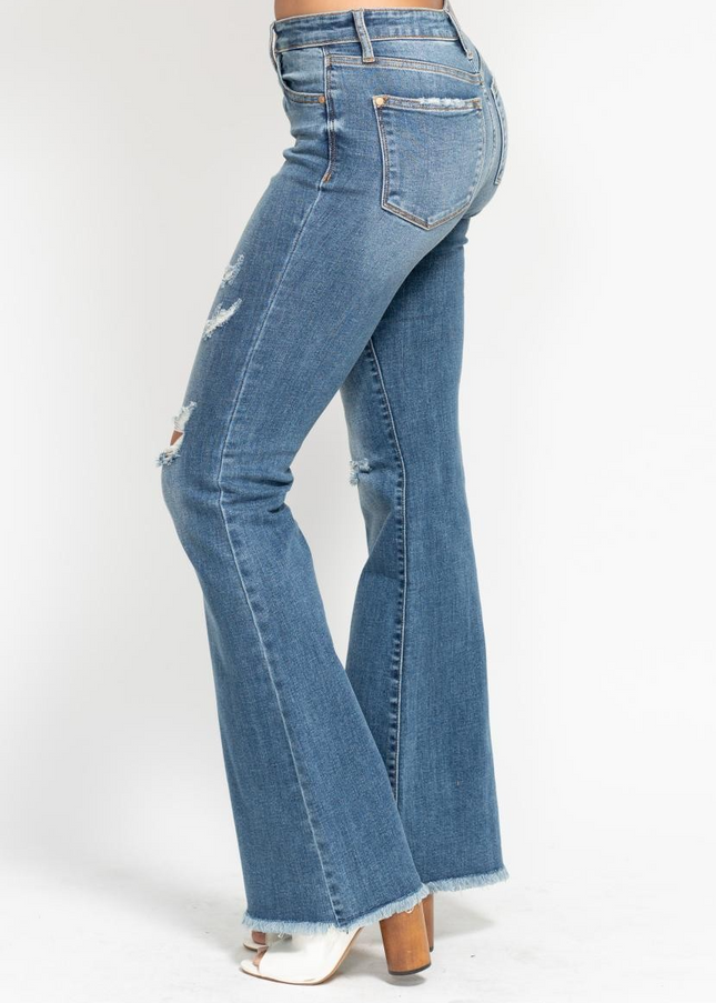 Judy Blue Mid Rise Button Fly Destroyed Fray Hem Flare Denim Jeans 82638 - Sleekdenim.com