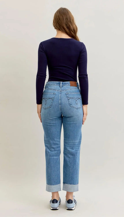 Judy Blue High Waist Criss-Cross Mild Destroy Single Cuff Boyfriend Denim Jeans 881003 - Sleekdenim.com