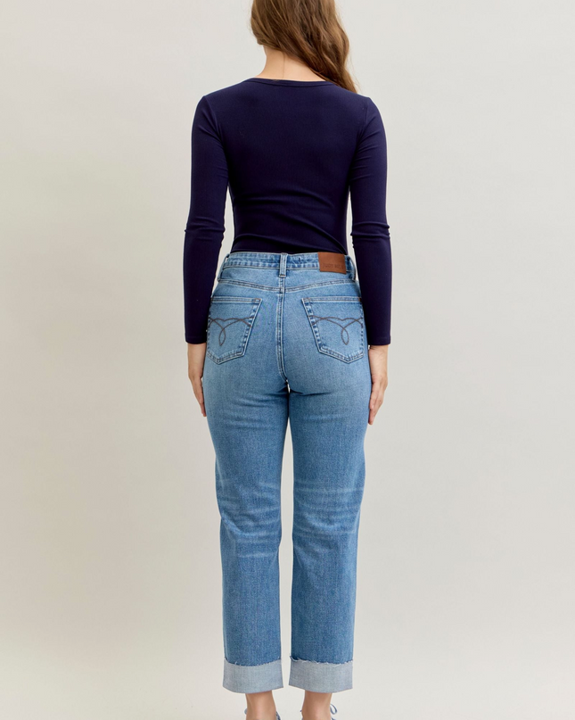 Judy Blue High Waist Criss-Cross Mild Destroy Single Cuff Boyfriend Denim Jeans 881003