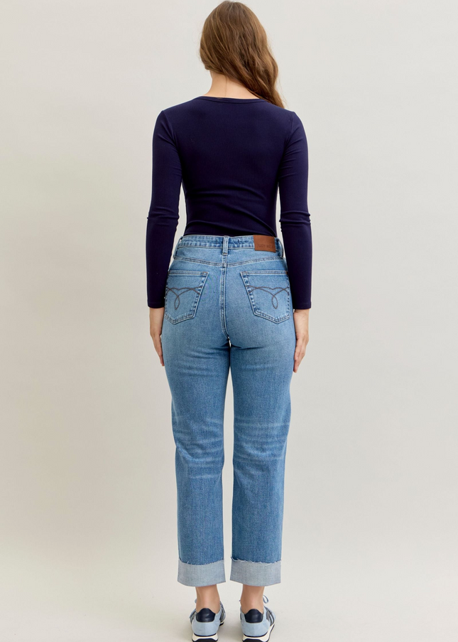 Judy Blue High Waist Criss-Cross Mild Destroy Single Cuff Boyfriend Denim Jeans 881003