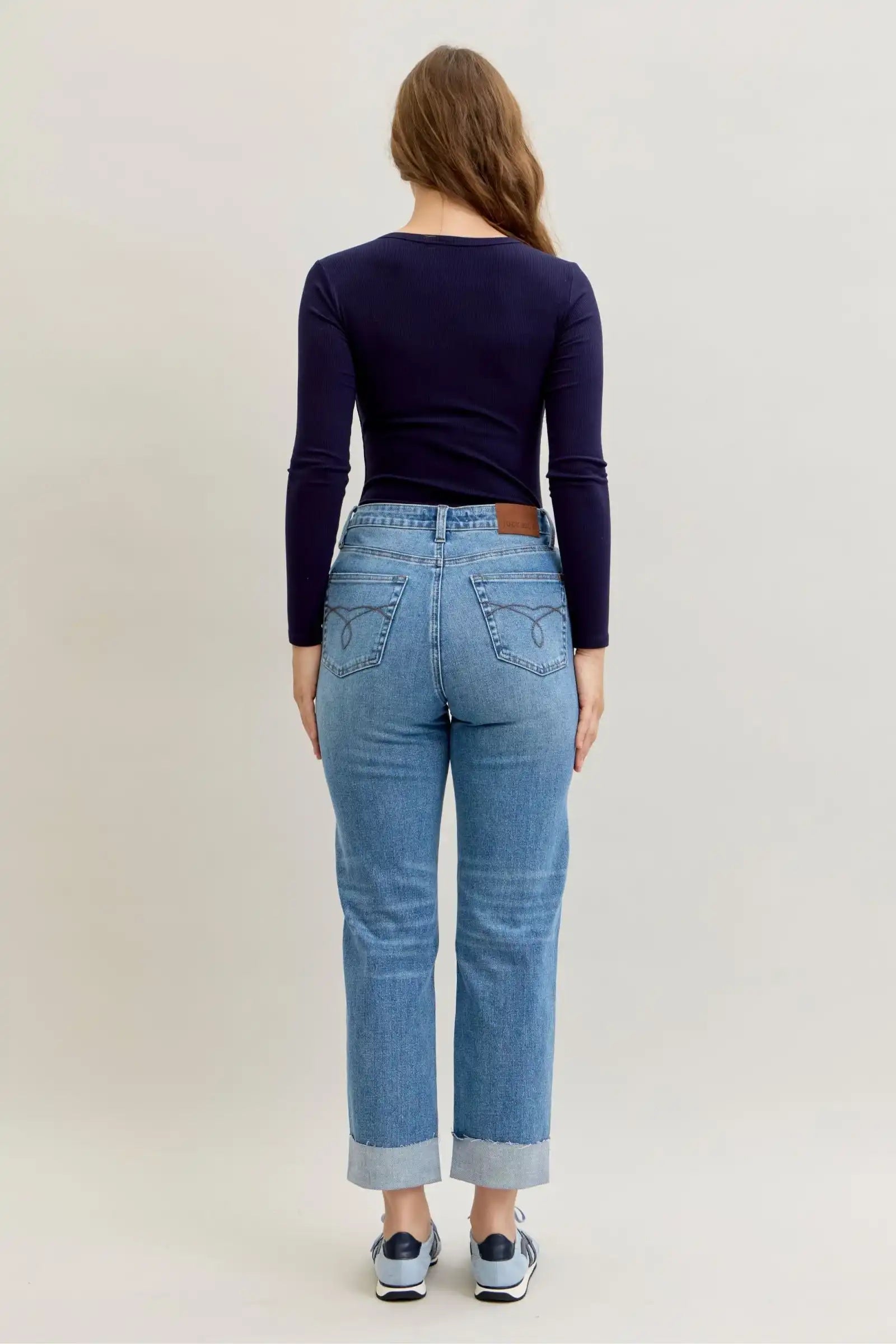 Judy Blue High Waist Criss-Cross Mild Destroy Single Cuff Boyfriend Denim Jeans 881003 - Sleekdenim.com