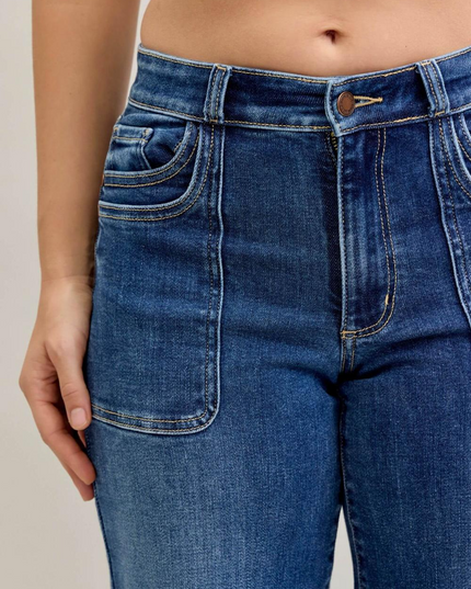 Judy Blue Mid Rise 90's Front Patch Double Pocket Straight Denim Jeans 82680 - Sleekdenim.com