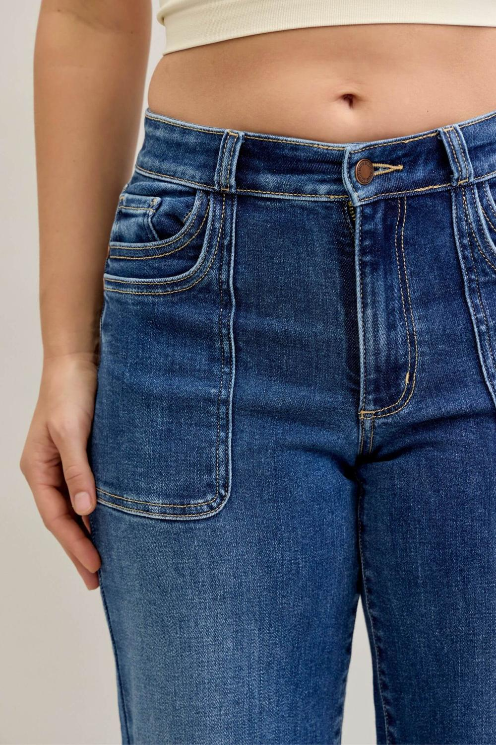 Judy Blue Mid Rise 90's Front Patch Double Pocket Straight Denim Jeans 82680 - Sleekdenim.com