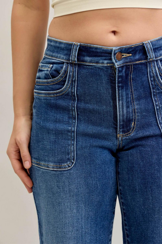 Judy Blue Mid Rise 90's Front Patch Double Pocket Straight Denim Jeans 82680 - Sleekdenim.com