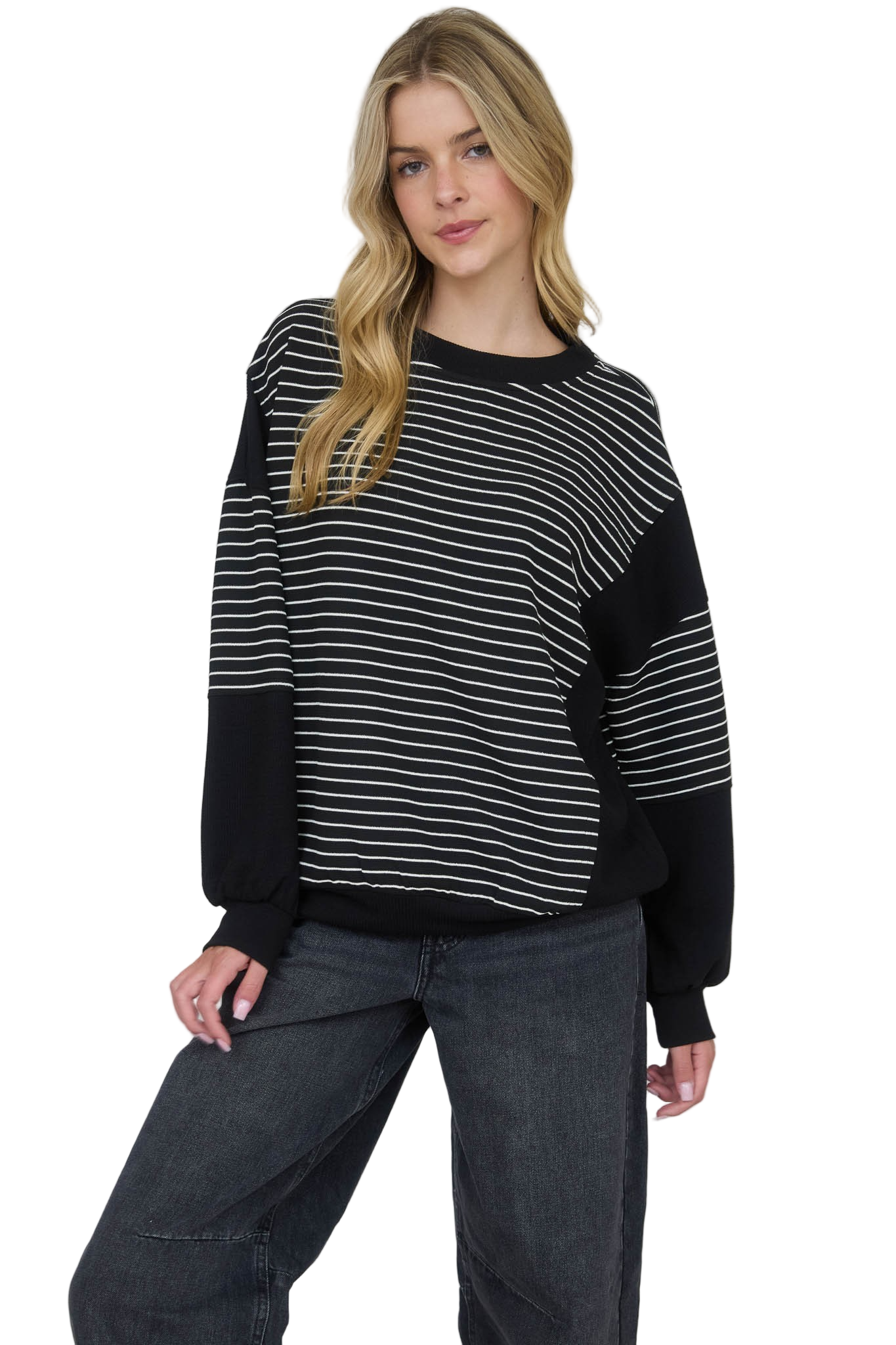 Blu Pepper Contrast Stripe Raw Edge Long Sleeve Knit Top - Sleekdenim.com