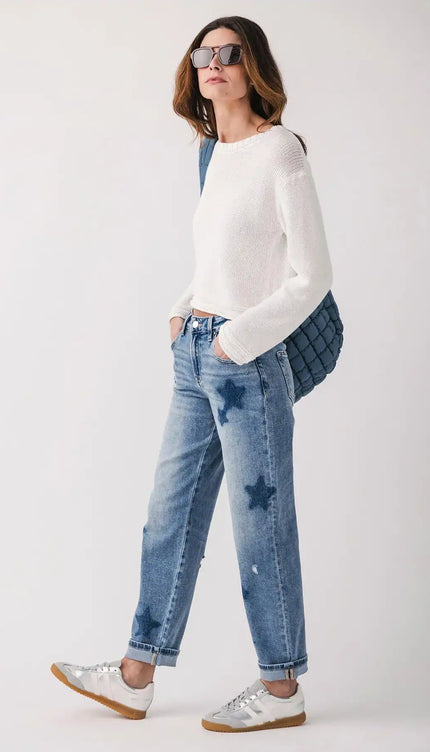 Risen Celeste Mid Rise Star Shadow Boyfriend Jeans - PGA21091 - Sleekdenim.com