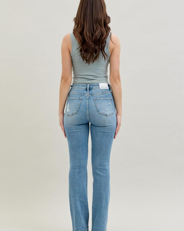 Judy Blue Mid Rise Destroy & Release Hem Bootcut Denim Jeans 88632
