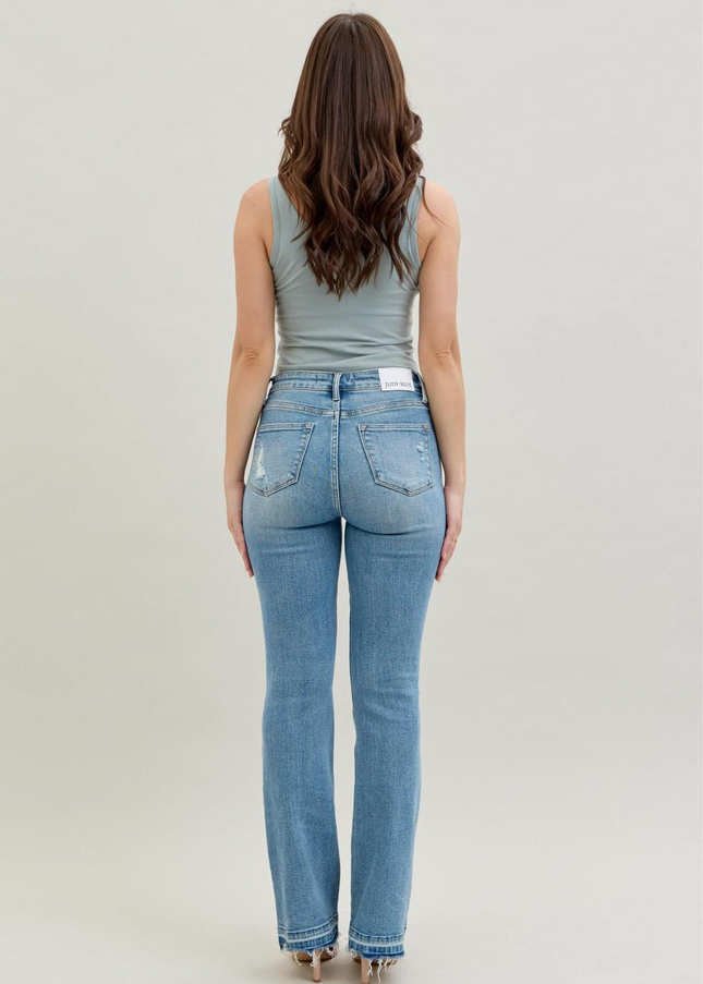 Judy Blue Mid Rise Destroy & Release Hem Bootcut Denim Jeans 88632