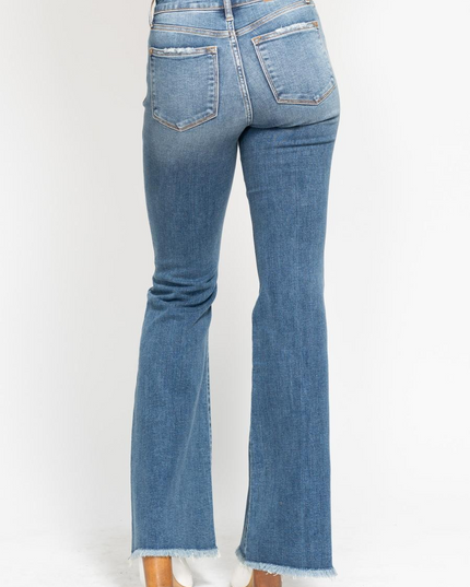 Judy Blue Mid Rise Button Fly Destroyed Fray Hem Flare Denim Jeans 82638 - Sleekdenim.com