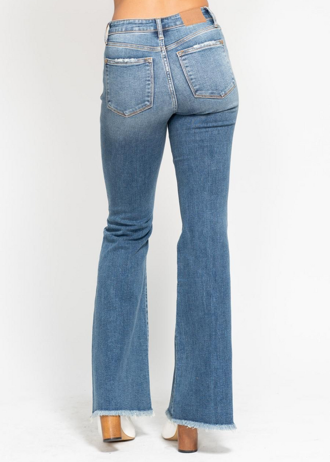 Judy Blue Mid Rise Button Fly Destroyed Fray Hem Flare Denim Jeans 82638 - Sleekdenim.com