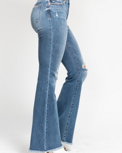 Judy Blue Mid Rise Button Fly Destroyed Fray Hem Flare Denim Jeans 82638 - Sleekdenim.com
