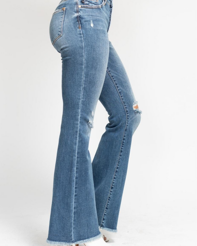 Judy Blue Mid Rise Button Fly Destroyed Fray Hem Flare Denim Jeans 82638 - Sleekdenim.com