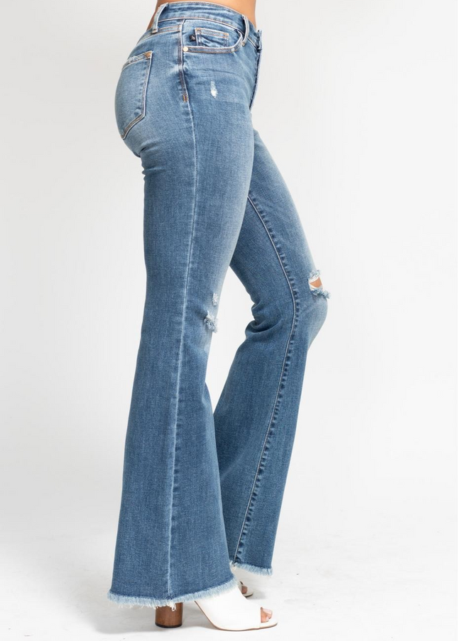 Judy Blue Mid Rise Button Fly Destroyed Fray Hem Flare Denim Jeans 82638 - Sleekdenim.com