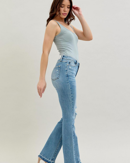 Judy Blue Mid Rise Destroy & Release Hem Bootcut Denim Jeans 88632