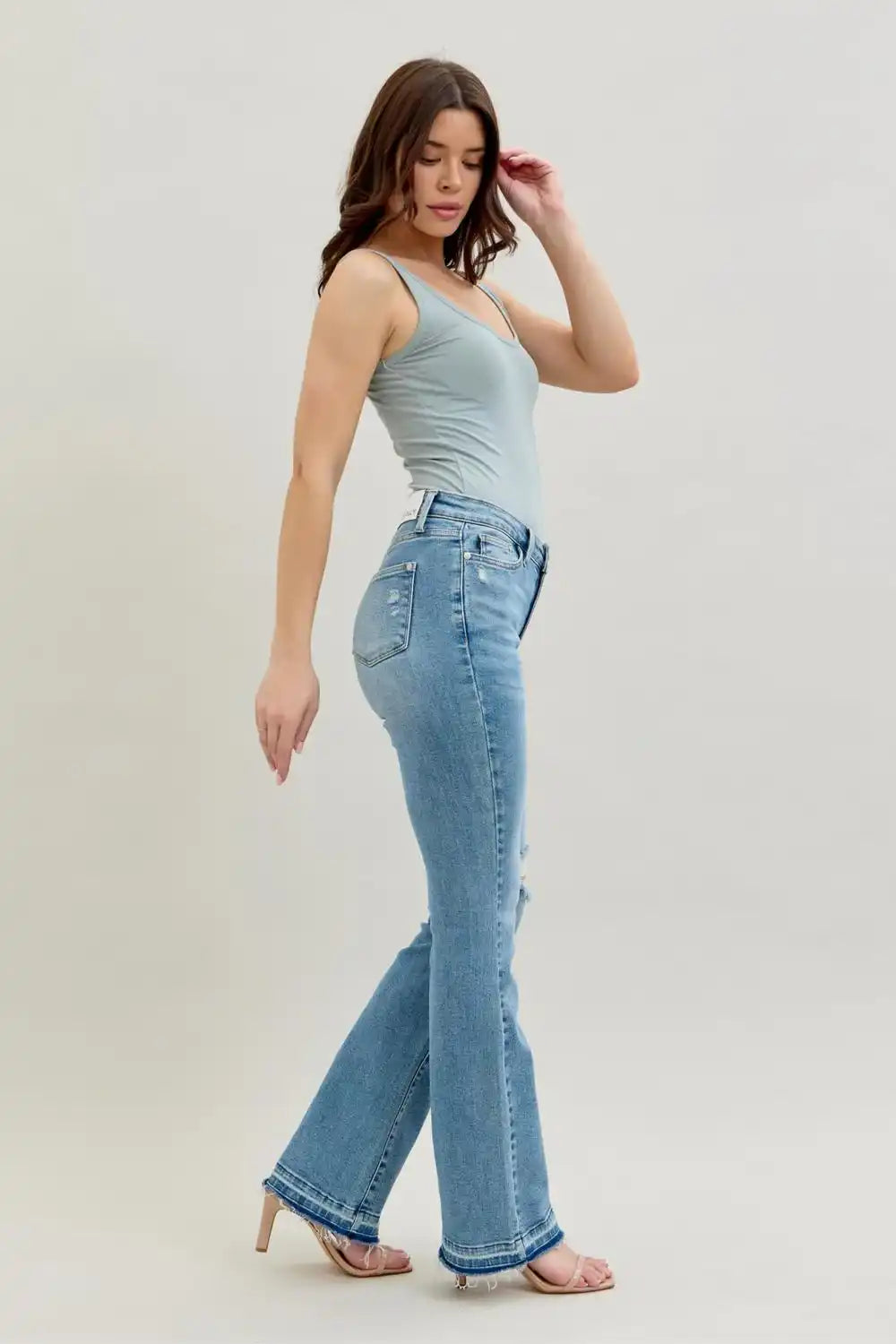 Judy Blue Mid Rise Destroy & Release Hem Bootcut Denim Jeans 88632 - Sleekdenim.com