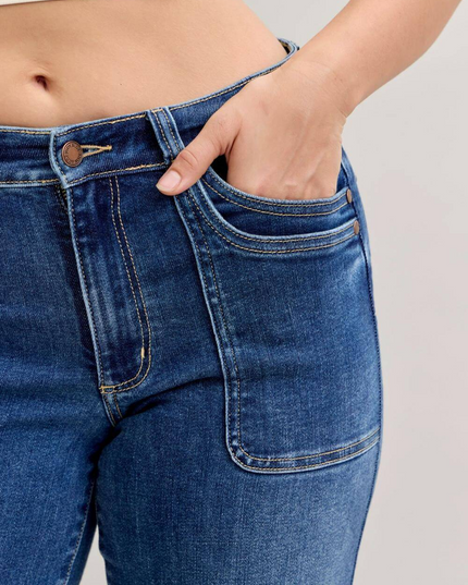 Judy Blue Mid Rise 90's Front Patch Double Pocket Straight Denim Jeans 82680 - Sleekdenim.com