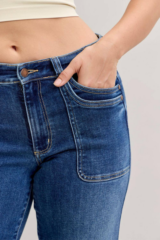 Judy Blue Mid Rise 90's Front Patch Double Pocket Straight Denim Jeans 82680 - Sleekdenim.com