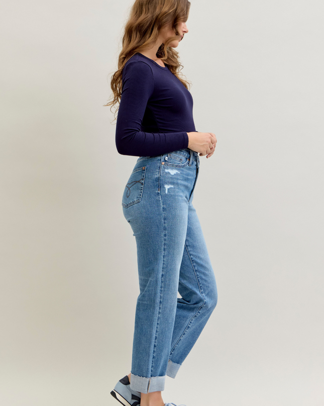 Judy Blue High Waist Criss-Cross Mild Destroy Single Cuff Boyfriend Denim Jeans 881003