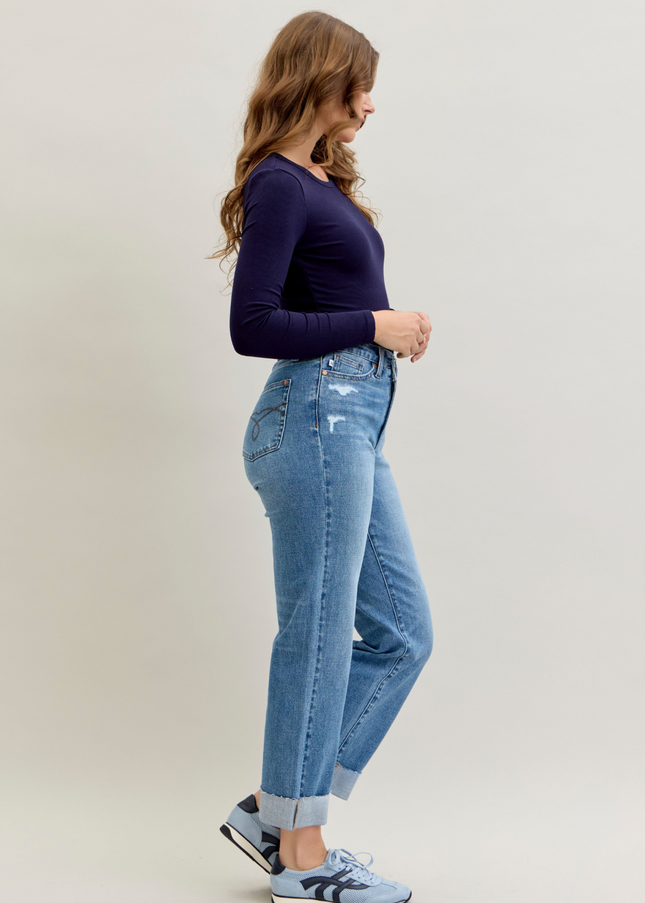 Judy Blue High Waist Criss-Cross Mild Destroy Single Cuff Boyfriend Denim Jeans 881003