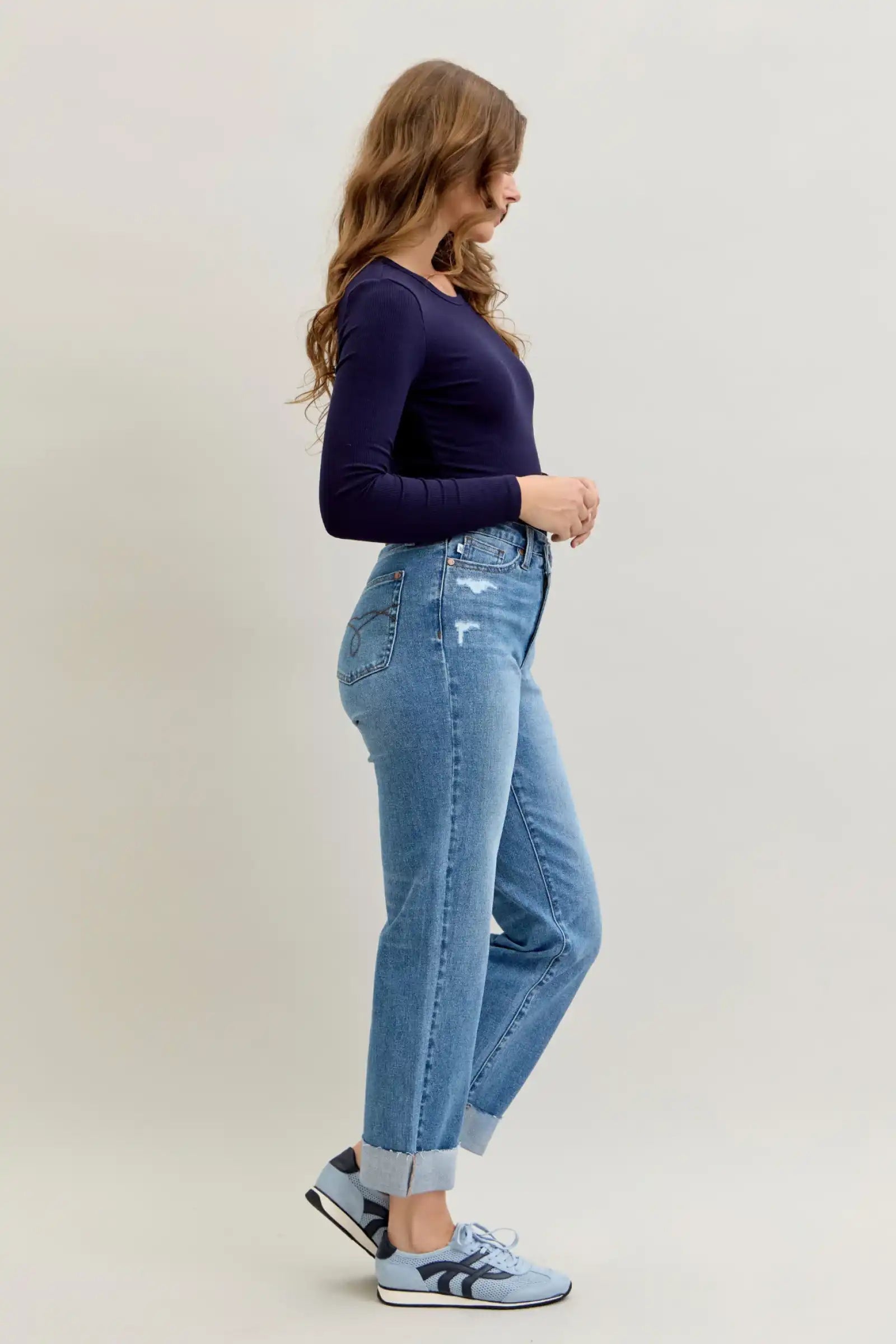 Judy Blue High Waist Criss-Cross Mild Destroy Single Cuff Boyfriend Denim Jeans 881003 - Sleekdenim.com