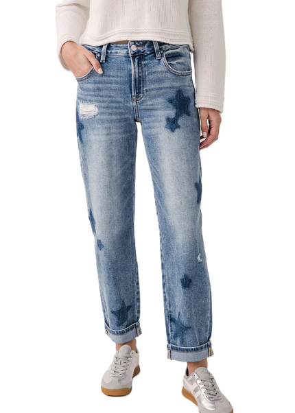 Risen Celeste Mid Rise Star Shadow Boyfriend Jeans - PGA21091