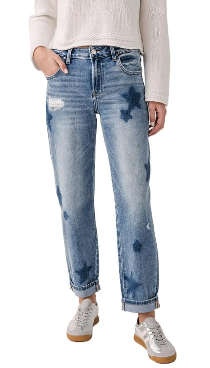 Risen Celeste Mid Rise Star Shadow Boyfriend Jeans - PGA21091 - Sleekdenim.com