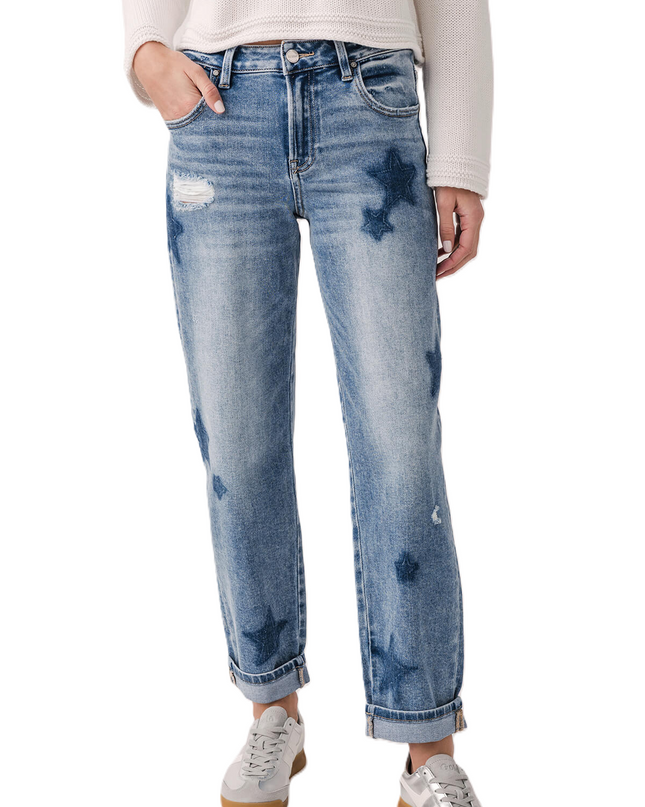 Risen Celeste Mid Rise Star Shadow Boyfriend Jeans - PGA21091