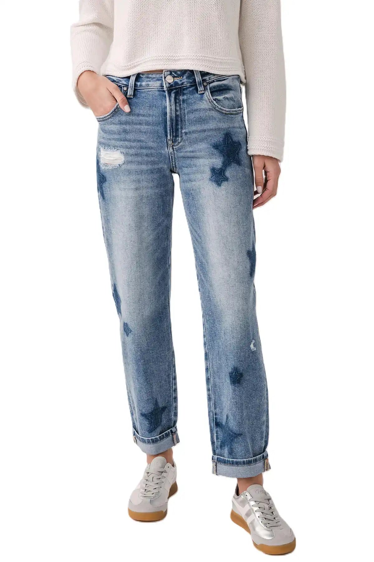 Risen Celeste Mid Rise Star Shadow Boyfriend Jeans - PGA21091 - Sleekdenim.com