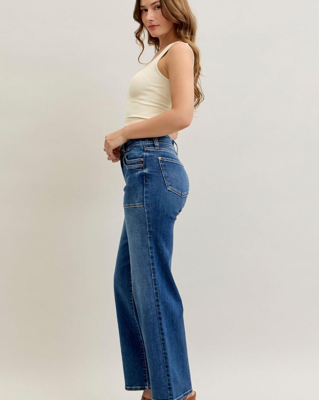 Judy Blue Mid Rise 90's Front Patch Double Pocket Straight Denim Jeans 82680 - Sleekdenim.com