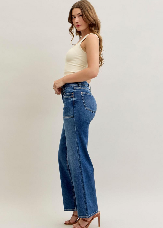 Judy Blue Mid Rise 90's Front Patch Double Pocket Straight Denim Jeans 82680 - Sleekdenim.com