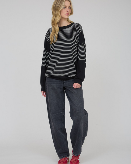 Blu Pepper Contrast Stripe Raw Edge Long Sleeve Knit Top - Sleekdenim.com