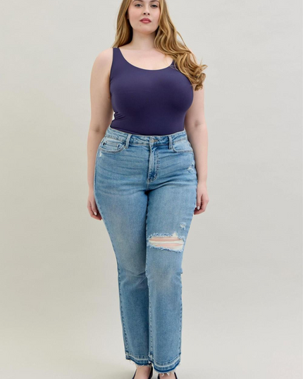 Judy Blue Mid Rise Destroy & Release Hem Bootcut Denim Jeans 88632